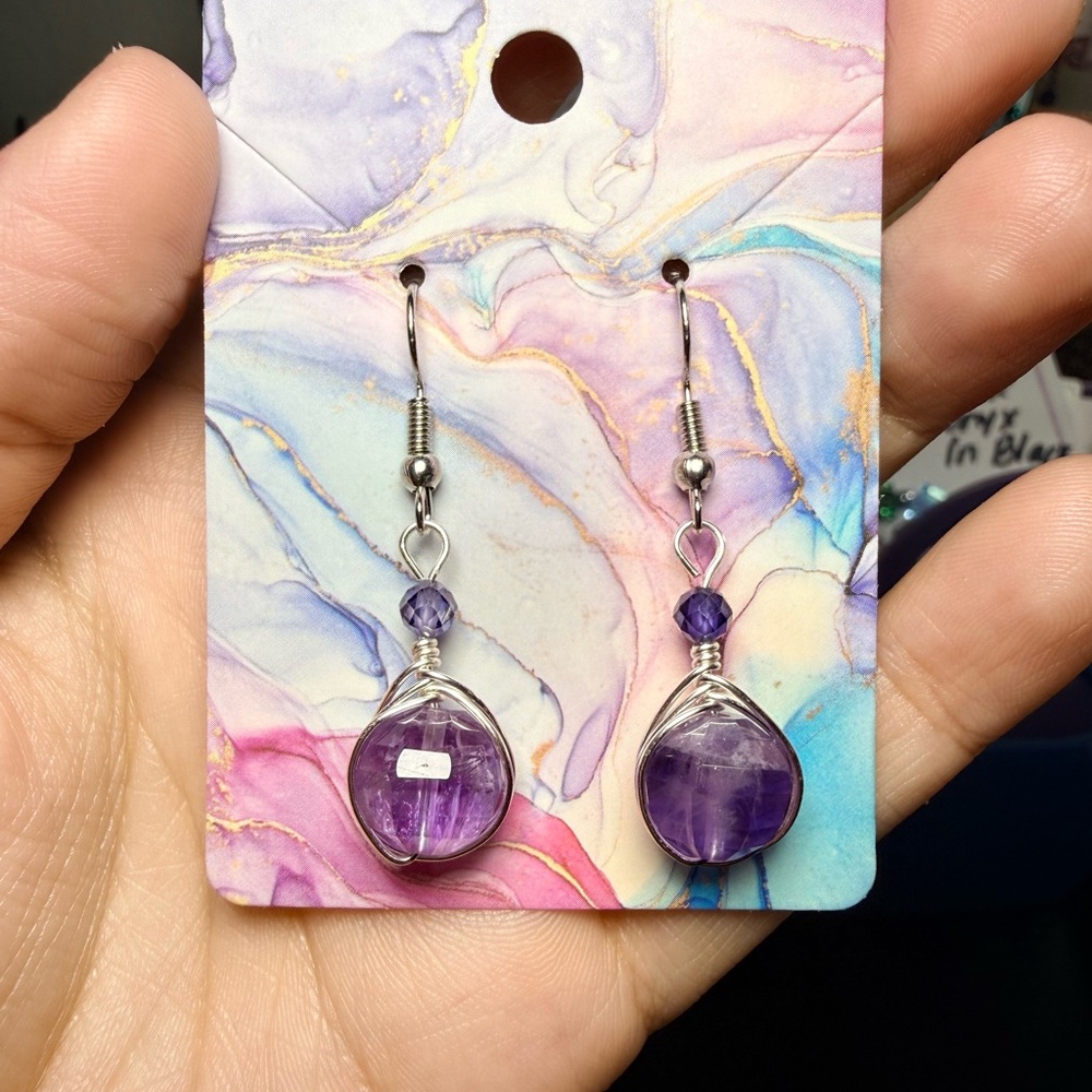 Amethyst Wire-Wrapped Earrings with Purple CZ Accents – Tarnish Resistant - Picture 3 of 3
